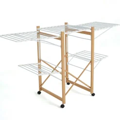 Étendoir à linge pliable sur roulettes 32 m d'étendage 2 niveaux, aluminium effet bois et plastique blanc, Kitchen Move Ushuaia