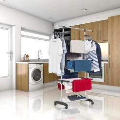 Étendoir à linge sur roulettes multifonction grande capacité 18 m d'étendage, 3 niveaux et 2 portes-cintres, noir et inox, Kitchen Move Ultima