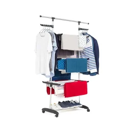 Étendoir à linge sur roulettes multifonction grande capacité 18 m d'étendage, 3 niveaux et 2 portes-cintres, noir et inox, Kitchen Move Ultima