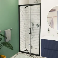 TEX-C Porte de douche 100x195cm ouverture gain de place anticalcaire avec profilés noir mat (SATTEXC100CT)