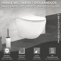 Toilette suspendu céramique sans rebord court cuvette siège duroplast softclose