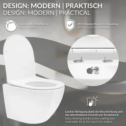 Toilette suspendu céramique sans rebord court cuvette siège duroplast softclose