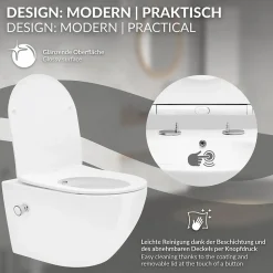 Toilette suspendu sans rebord blanc WC Soft Close fonction bidet salle de bain