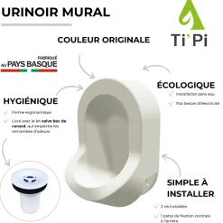 Urinoir sans eau mural TI'PI blanc + kit valve bec de canard + pack entretien