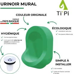 Urinoir sans eau mural TI'PI vert + kit valve bec de canard + pack entretien