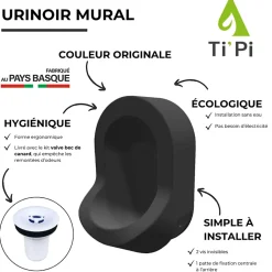 Urinoir sans eau mural TI'PI noir + kit valve bec de canard + pack entretien