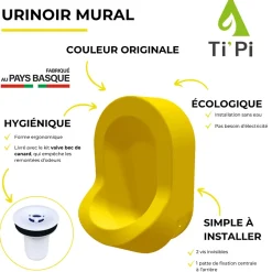 Urinoir sans eau mural TI'PI jaune + kit valve bec de canard + pack entretien