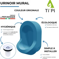 Urinoir sans eau mural TI'PI bleu + kit valve bec de canard + pack entretien