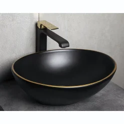 Vasque à poser ovale en ceramique FORMOZA noir lisere dore 41.5 x 33.5 cm