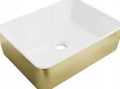 Vasque à poser rectangulaire, céramique 48x37x13 cm Blanc/or