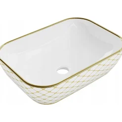 Vasque à poser rectangulaire, céramique 45,5x32,5x13,5 cm Blanc/or