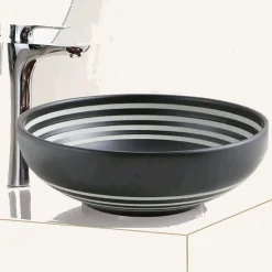 Vasque à Poser Ronde Céramique Noire rainurée Blanc 40,5cm - Chromatic