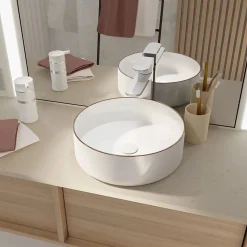 Vasque à poser ronde en céramique blanche avec liseré doré rosé Ø35,5 x H.12 cm, Galedo