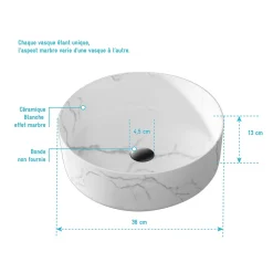 Vasque à poser Ronde en Céramique Blanche Mat Effet Marbre - 36cm x 13cm - WHITE MARBLE