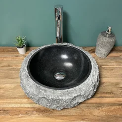 Vasque à poser ronde PITA - 40 cm noir en basalte
