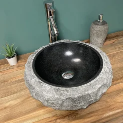Vasque à poser ronde PITA - 40 cm noir en basalte