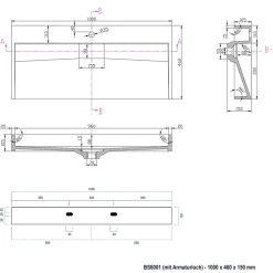 Vasque moderne suspendue 100x46x15cm en marbre coulé avec trous prépercés - BS6001