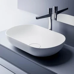 Vasque murale à poser design 54x34x13cm en fonte minérale avec bonde et trop plein - O-541 - Blanc mat