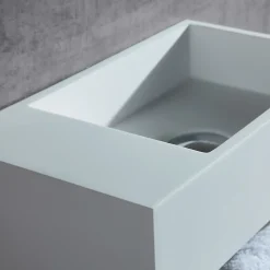 Vasque murale design, Lave main fonte minérale Salle de bain, Blanc mat, 35,5x20x16cm, BA2105 + cache blanc + rangement à gauche