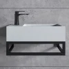 Vasque murale suspendue design 44x22x10cm en fonte minérale - Blanc mat, Avec bonde et cache blanc, Rangement gauche, Avec Console