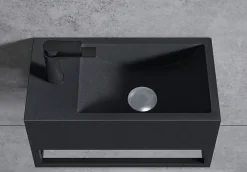 Vasque murale suspendue design 44x22x10cm en fonte minérale - Sans bonde ni cache, Rangement gauche, Quartz noir, Avec Console