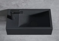 Vasque murale suspendue design 44x22x10cm en fonte minérale - Avec bonde et cache, Rangement gauche, Sans console, Quartz noir