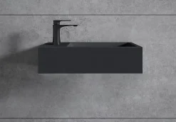 Vasque murale suspendue design 44x22x10cm en fonte minérale - Avec bonde et cache, Rangement gauche, Sans console, Quartz noir