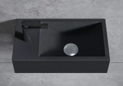 Vasque murale suspendue design 44x22x10cm en fonte minérale - Sans bonde, Sans cache, Rangement gauche, Sans console, Quartz noir