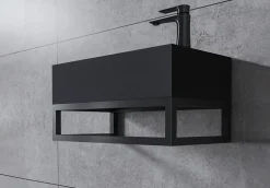 Vasque murale suspendue design 44x22x10cm en fonte minérale - Avec bonde, Sans cache, Rangement droite, Quartz noir, Avec Console
