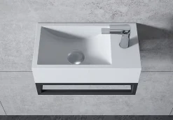 Vasque murale suspendue design 44x22x10cm en fonte minérale - Blanc mat, Sans bonde ni cache, Rangement droite, Avec Console