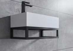 Vasque murale suspendue design 44x22x10cm en fonte minérale - Blanc mat, Avec bonde, Sans cache, Rangement gauche, Avec Console