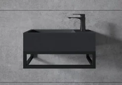 Vasque murale suspendue design 44x22x10cm en fonte minérale - Avec bonde et cache, Rangement droite, Quartz noir, Avec Console
