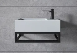 Vasque murale suspendue design 44x22x10cm en fonte minérale - Blanc mat, Avec bonde et cache blanc, Rangement droite, Avec Console