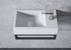 Vasque murale suspendue design 44x22x10cm en fonte minérale - Blanc mat, Avec bonde et cache blanc, Rangement droite, Avec Console