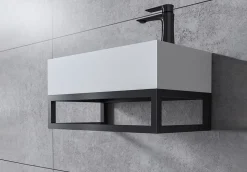 Vasque murale suspendue design 44x22x10cm en fonte minérale - Blanc mat, Avec bonde et cache blanc, Rangement droite, Avec Console