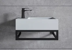 Vasque murale suspendue design 44x22x10cm en fonte minérale - Blanc mat, Sans bonde ni cache, Rangement gauche, Avec Console