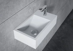 Vasque murale suspendue design 44x22x10cm en fonte minérale - Blanc mat, Sans bonde ni cache, Rangement droite, Sans console