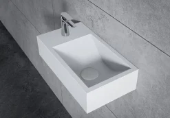 Vasque murale suspendue design 44x22x10cm en fonte minérale - Blanc mat, Avec bonde et cache blanc, Rangement gauche, Sans console