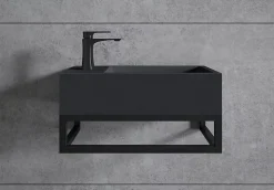 Vasque murale suspendue design 44x22x10cm en fonte minérale - Avec bonde et cache, Rangement gauche, Quartz noir, Avec Console