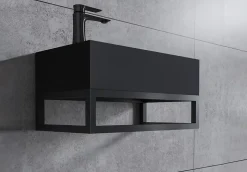 Vasque murale suspendue design 44x22x10cm en fonte minérale - Avec bonde et cache, Rangement gauche, Quartz noir, Avec Console
