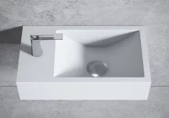 Vasque murale suspendue design 44x22x10cm en fonte minérale - Blanc mat, Sans bonde ni cache, Rangement gauche, Sans console