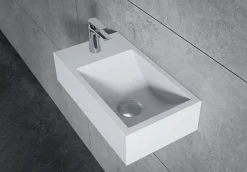 Vasque murale suspendue design 44x22x10cm en fonte minérale - Blanc mat, Sans bonde ni cache, Rangement gauche, Sans console