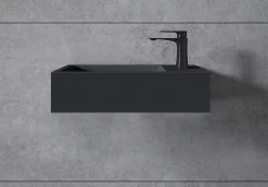 Vasque murale suspendue design 44x22x10cm en fonte minérale - Avec bonde et cache, Rangement droite, Sans console, Quartz noir