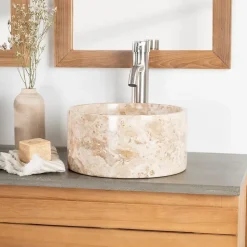 Vasque salle de bain ronde à poser en marbre Ulysse 30 cm crème