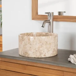 Vasque salle de bain ronde à poser en marbre Ulysse 30 cm crème