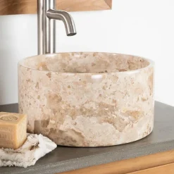 Vasque salle de bain ronde à poser en marbre Ulysse 30 cm crème