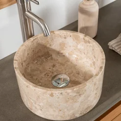 Vasque salle de bain ronde à poser en marbre Ulysse 30 cm crème