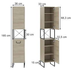 Vicco Armoire de salle de bain Chêne/noir 36x185cm avec 2 portes