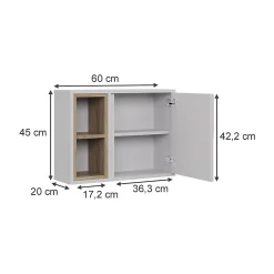 Vicco Armoire de toilette blanc/chêne 60x45cm avec 2 compartiments ouverts et 1 porte