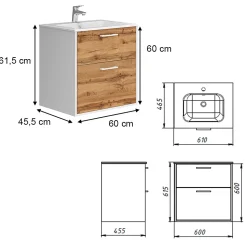 Vicco Ensemble de meubles de salle de bains Chêne blanc/force de lor 61x61.5cm avec lavabo